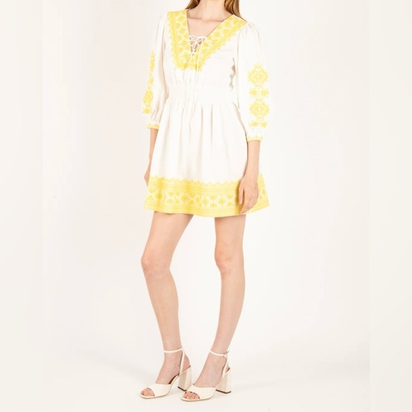 Secret Mission Gina Yellow Embroidered Organic Cotton Linen Blend  Dress Small - Picture 4 of 9